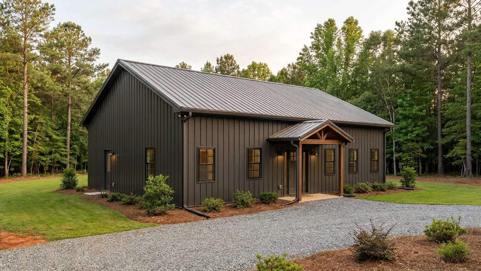 A compact 30x40 barndominium sized like a starter home or cabin, with a covered entry porch and no large shop bay.