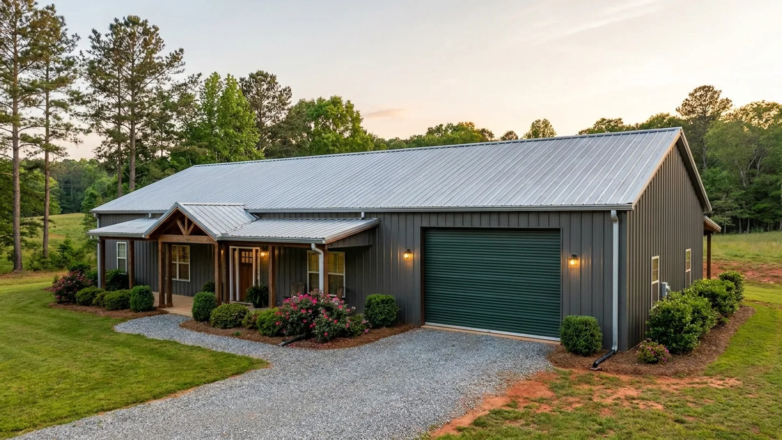A completed 40x60 barndominium showing a residential entry on one end and a wide shop door on the other under one continuous roof.