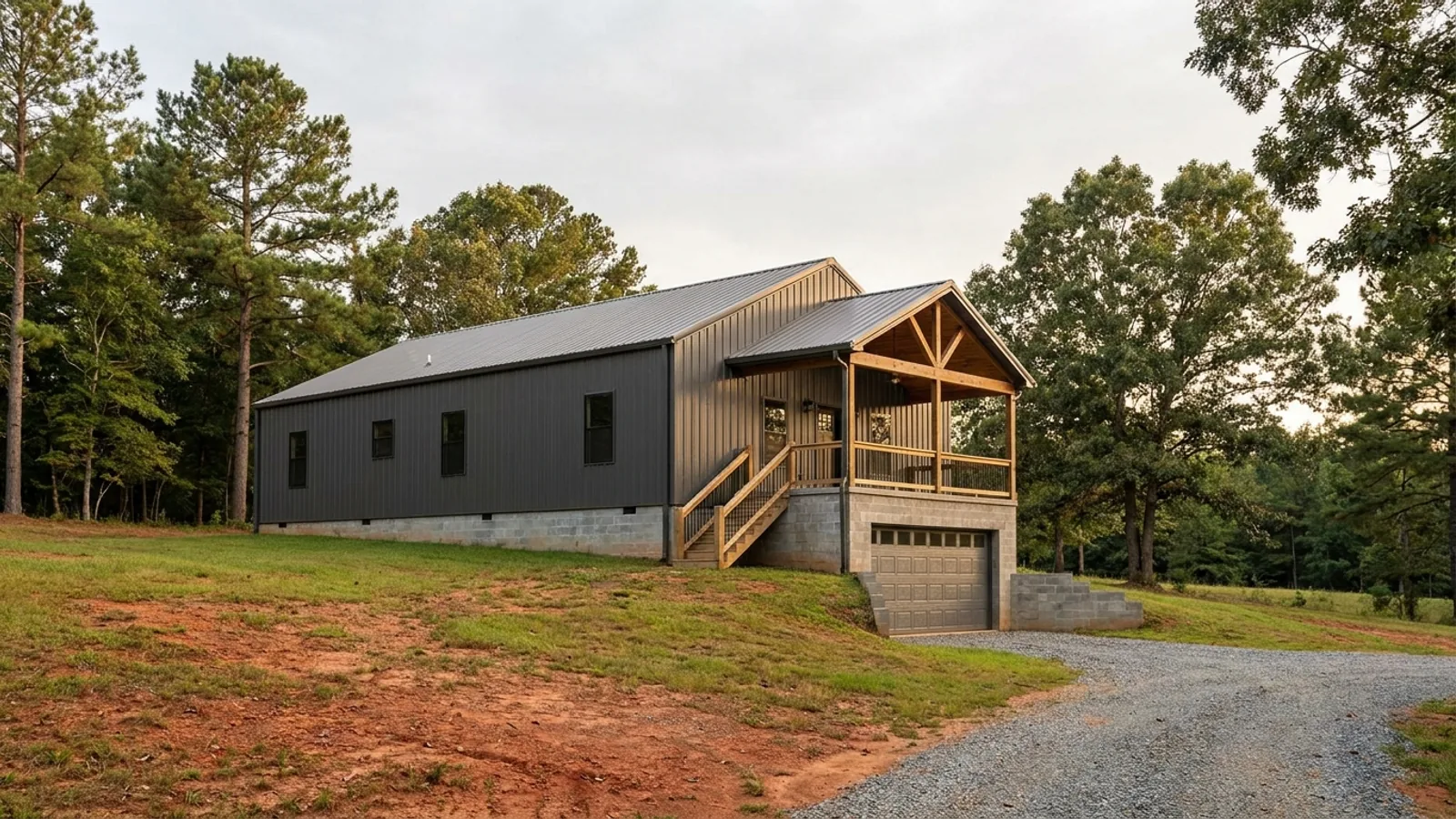 A barndominium raised on a stem-wall foundation with steps up to the entry and enclosed storage space beneath the elevated floor.