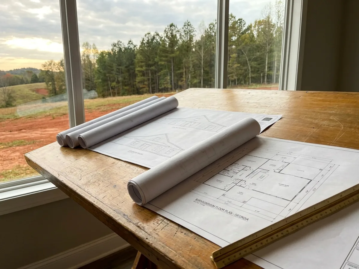 Barndominium floor plan and elevation drawings laid out on a drafting table with a scale rule.