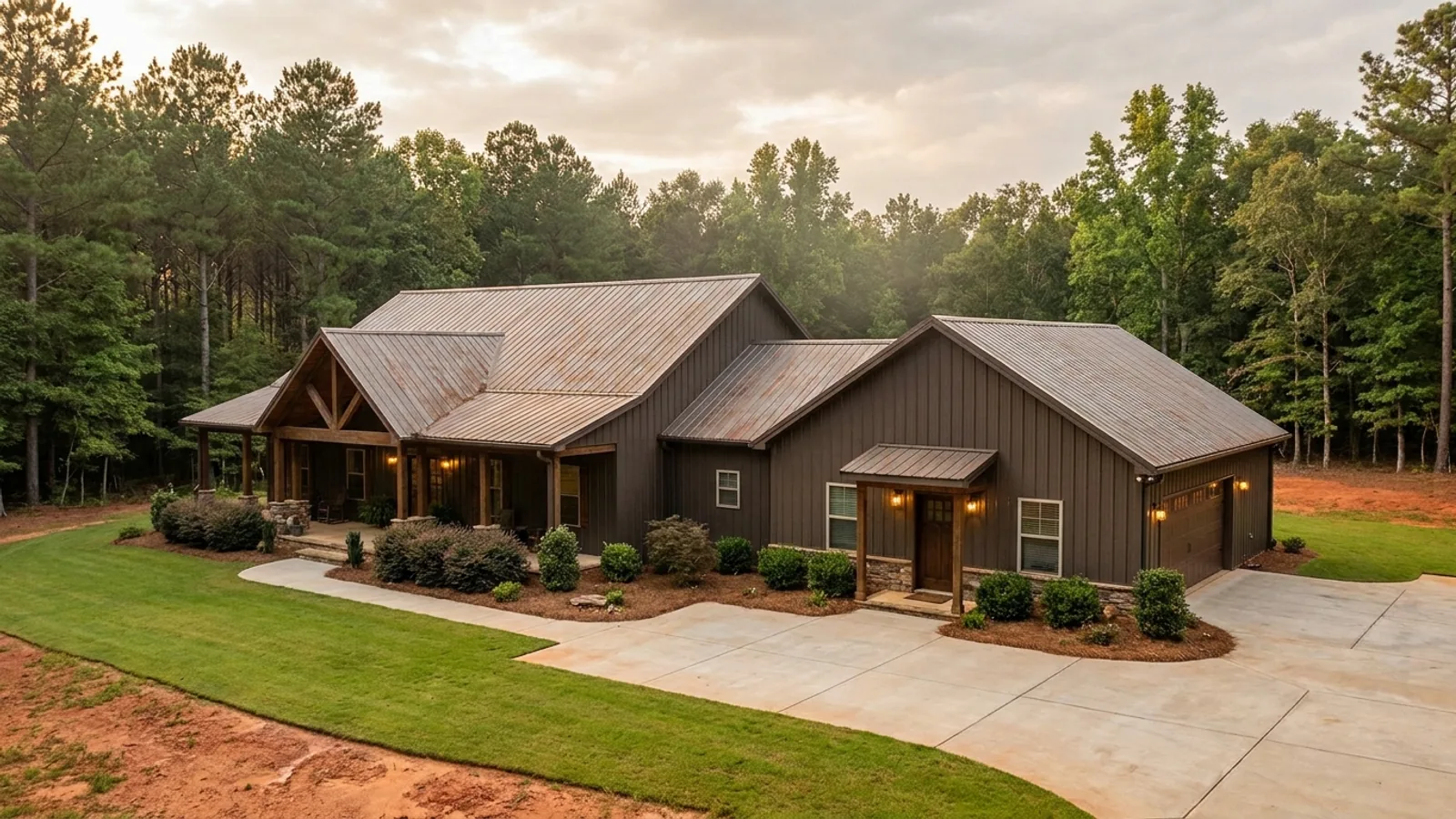 A barndominium with a smaller attached in-law suite wing that has its own separate covered entry, distinct from the main entry.