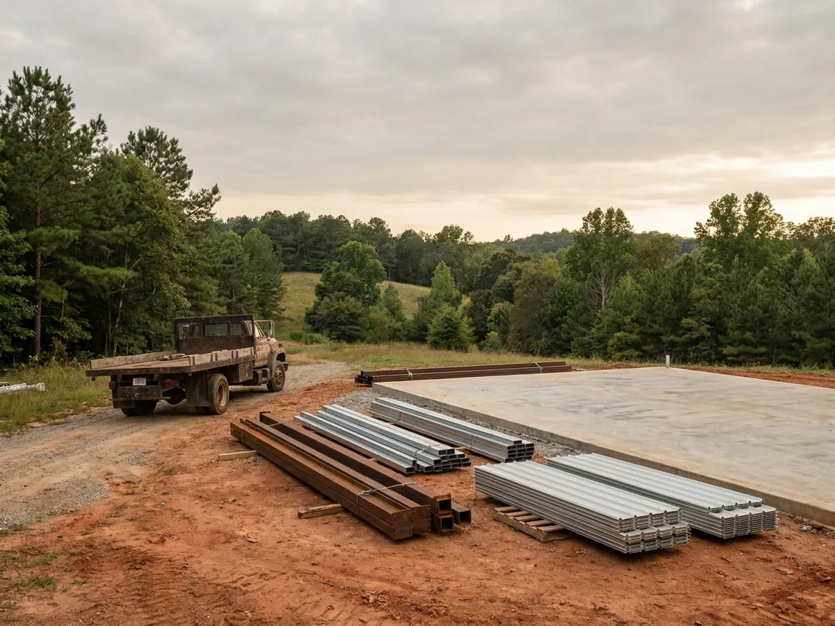 A flatbed truck delivering banded steel frame members and stacked metal roof panels to a building site beside a finished concrete slab.