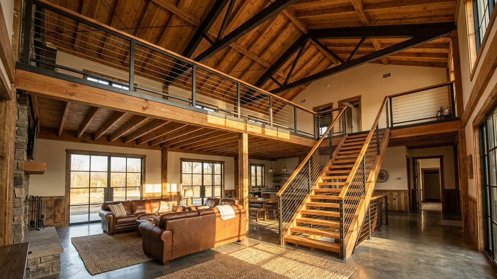 A barndominium great room with an open loft level and railing built over part of the room, reached by an open staircase.