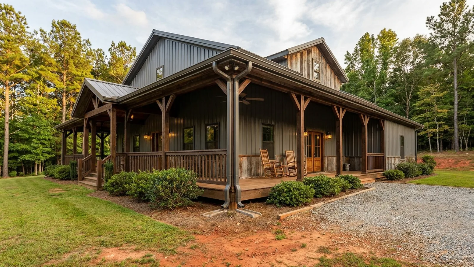 A barndominium exterior showing a deep wrap-around covered porch with posts and railing along two sides of the building.