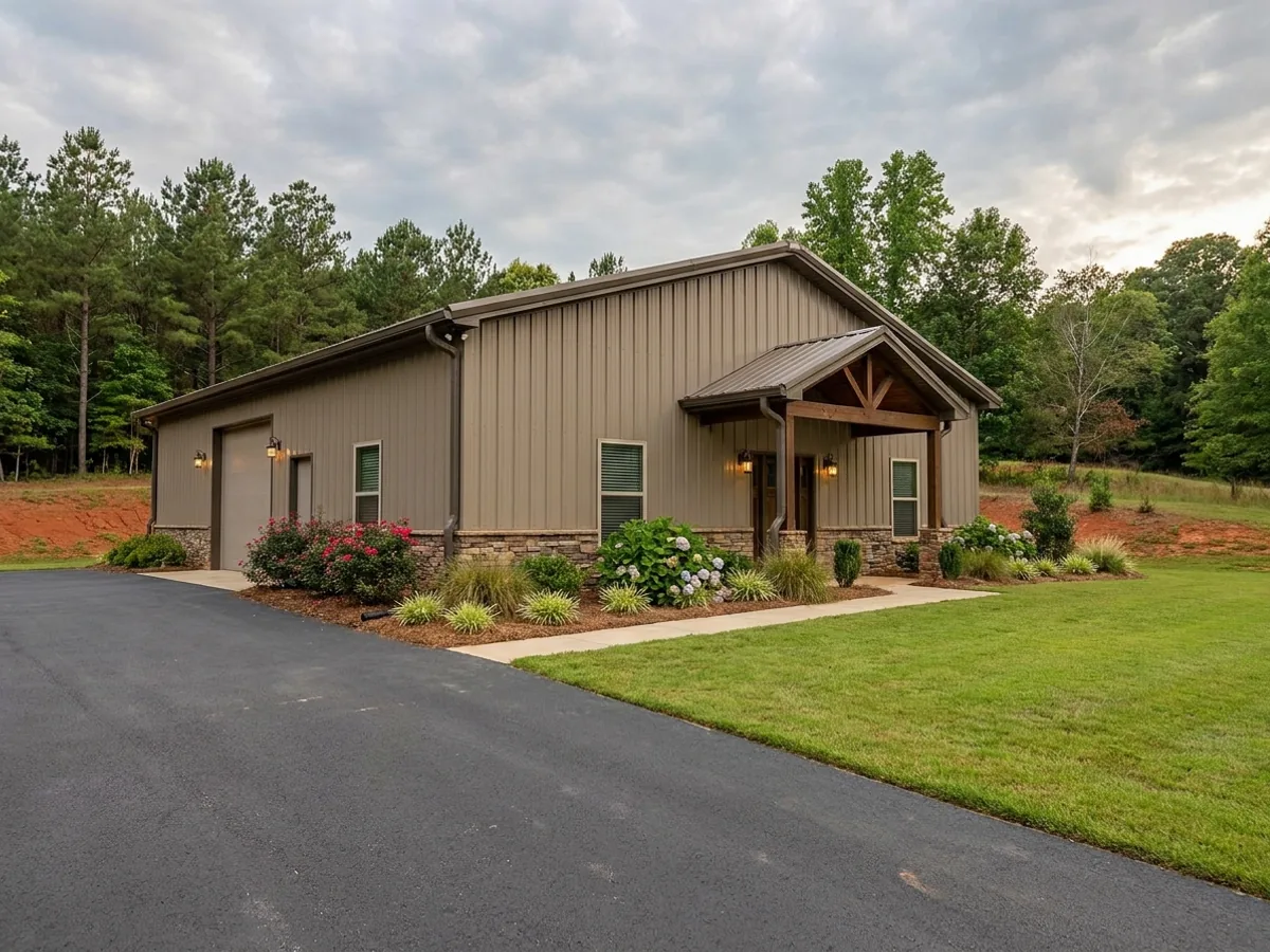 A completed barndominium home viewed from the front corner, with finished landscaping, a covered entry porch and an attached shop bay.