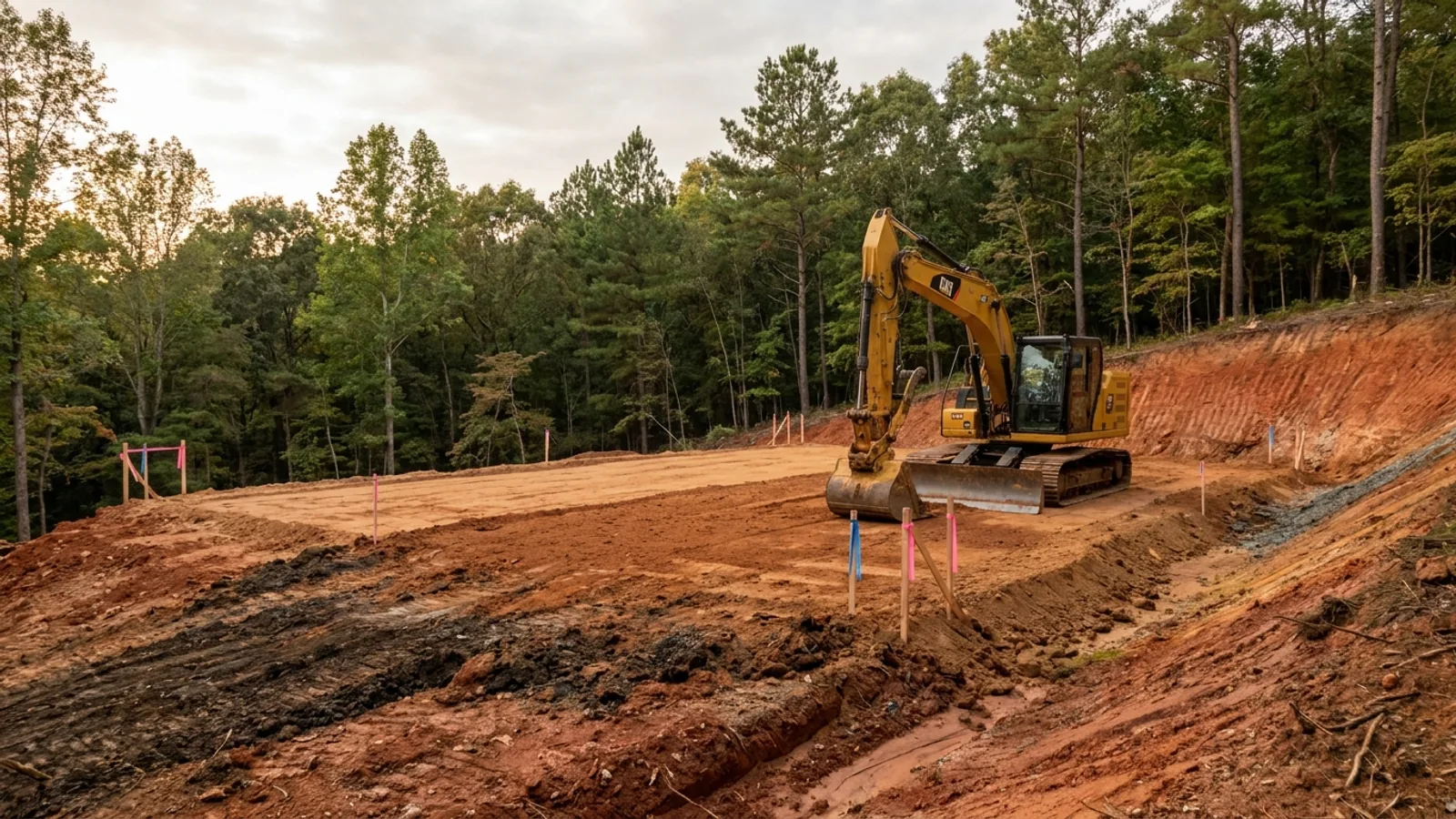 An excavator grading a compacted building pad on a cleared lot, with survey stakes and a drainage swale visible.