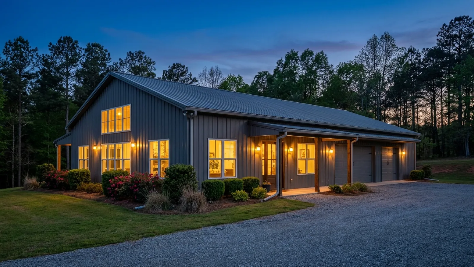 A finished barndominium at dusk with warm interior lighting glowing through its large windows.
