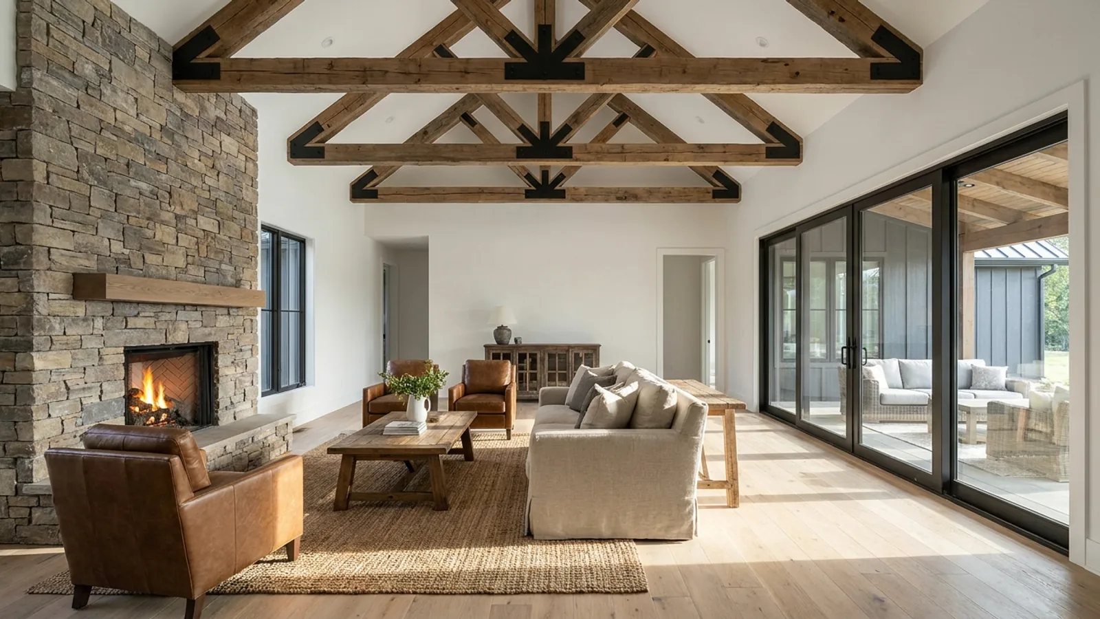 A vaulted barndominium great room with exposed wood trusses, a wall of glazed sliding doors, and a stone-clad fireplace.