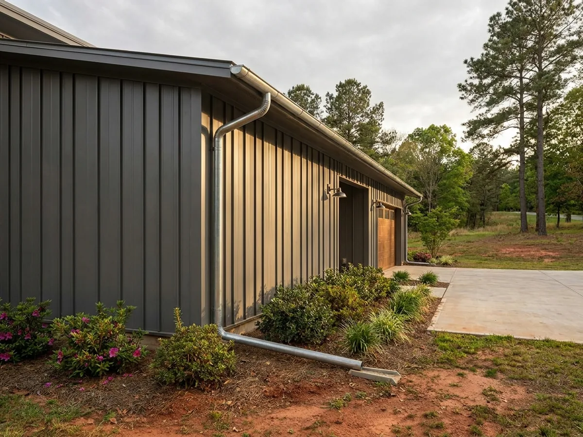 Exterior detail of a metal-clad home showing standing seam roofing, vertical wall panels, and a downspout discharging away from the wall.