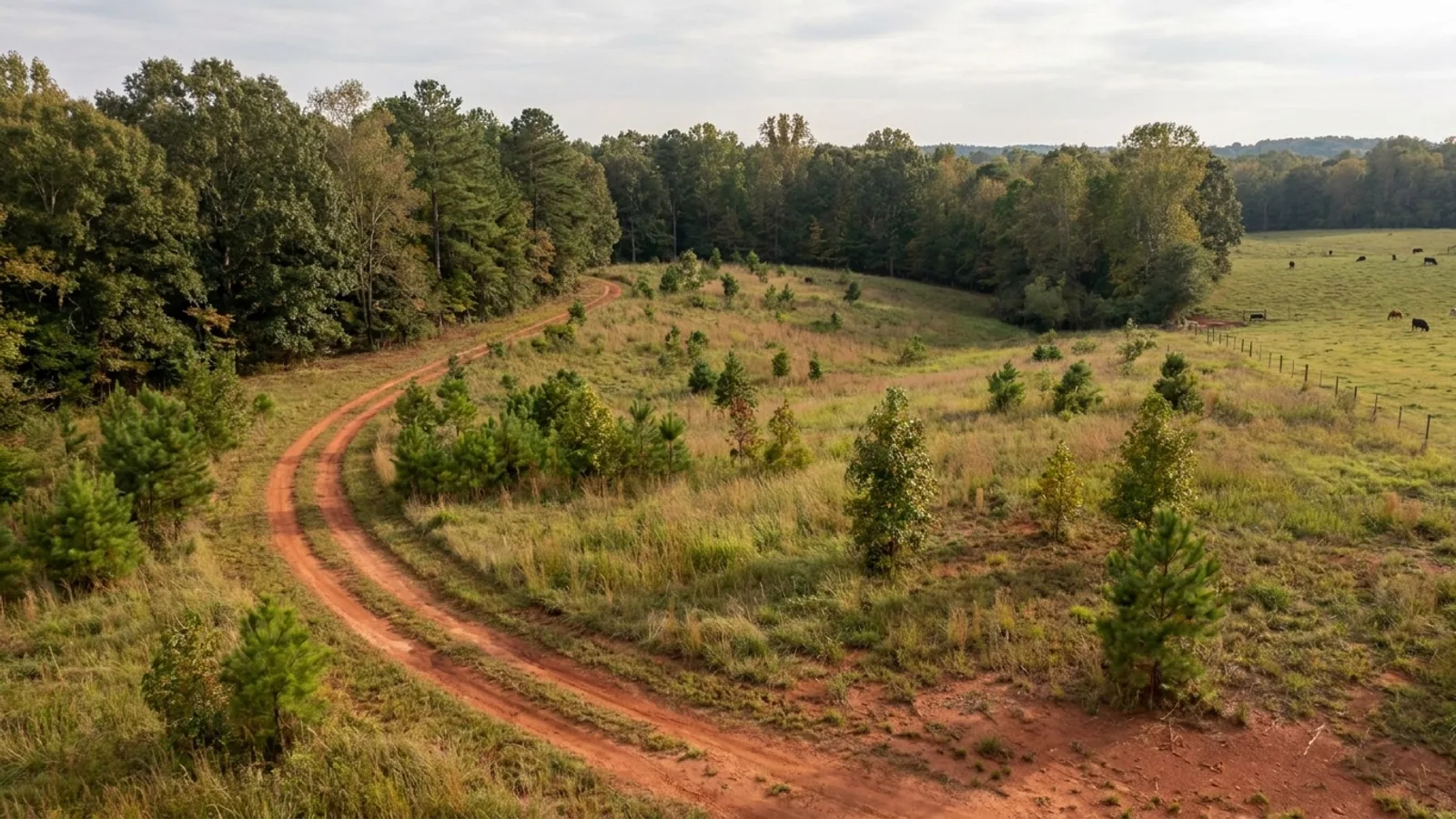 Aerial view of an undeveloped rural Georgia lot with cleared grass, pine treeline and a red clay access track.
