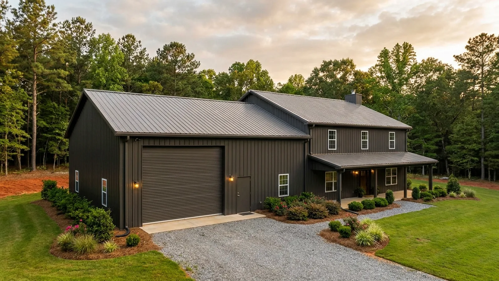 A barndominium with a tall, deep RV garage bay attached to the residence under one continuous roof.