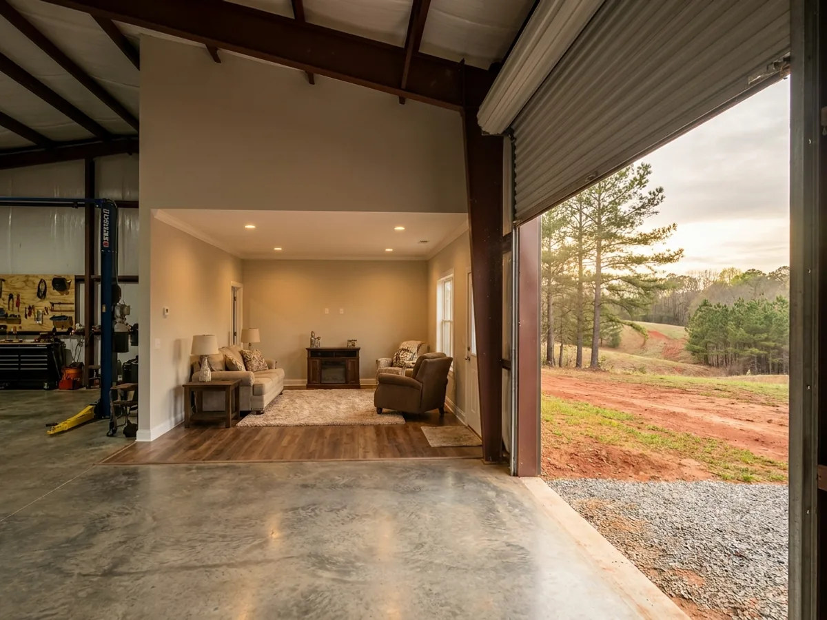 The interior of a shouse where a finished living area with warm flooring meets a shop bay with polished concrete and a tall roll-up door.