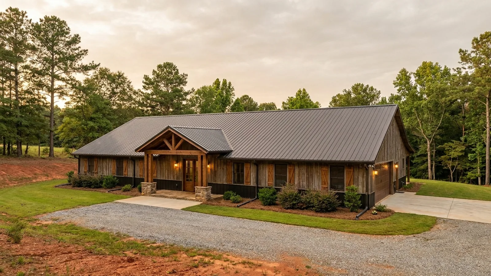 A completed single-story barndominium with a long, low roofline and no upper-level windows.