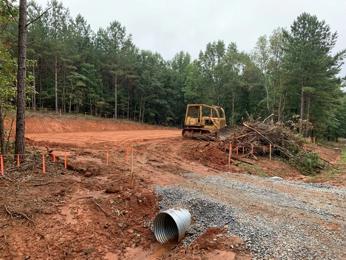 A dozer clearing vegetation on a rural parcel beside a compacted sand building pad, with a culvert set at the driveway entrance.