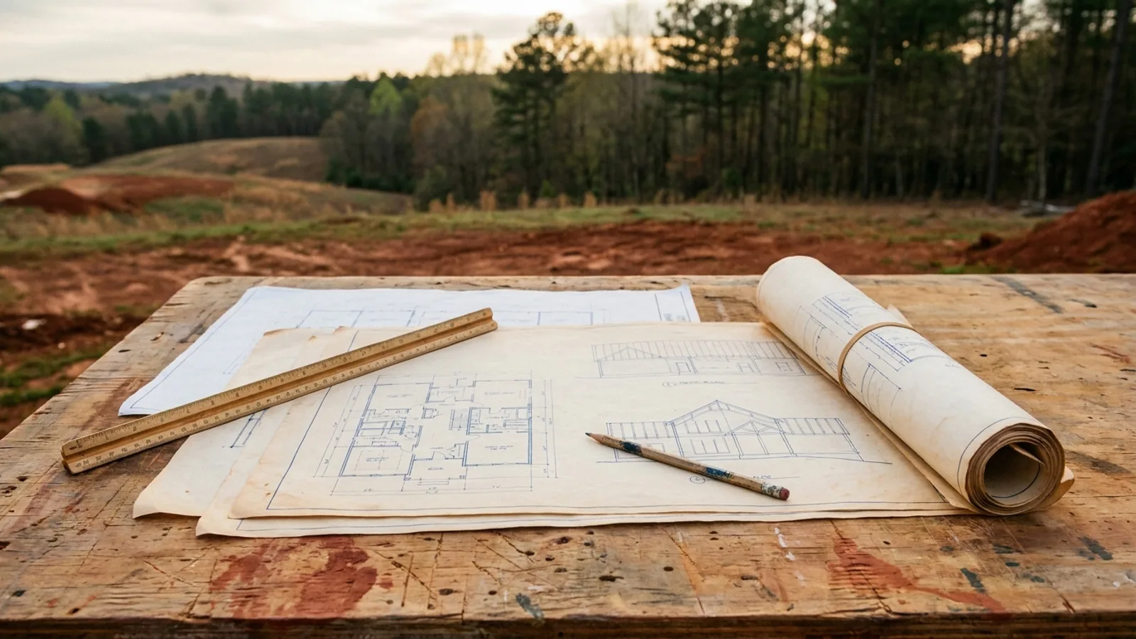 Overhead view of architectural floor plan and structural elevation drawings spread on a workbench with a scale ruler and pencil.