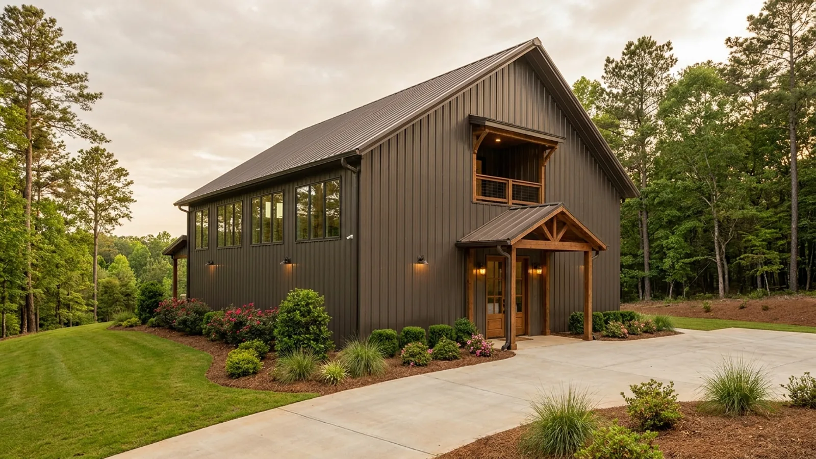 A completed two-story barndominium with visible second-story windows and a small covered balcony above the entry porch.